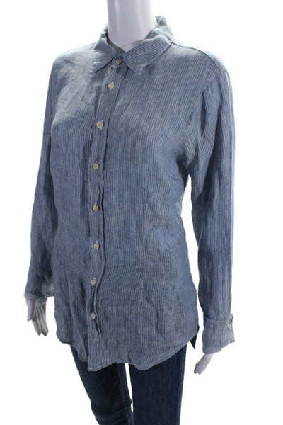 CP Shades Womens Button Front Collared Linen Shirt Blue White Size Medium