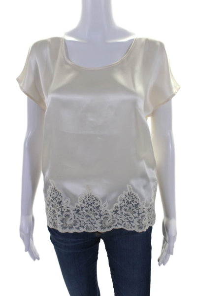 Escada Womens Short Sleeve Scoop Neck Lace Trim Silk Top White Size FR 36