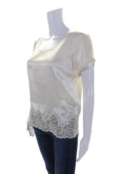 Escada Womens Short Sleeve Scoop Neck Lace Trim Silk Top White Size FR 36