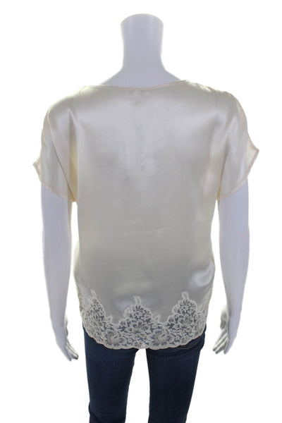 Escada Womens Short Sleeve Scoop Neck Lace Trim Silk Top White Size FR 36