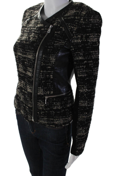Rebecca Taylor Womens Boucle Full Zipper Wrap Jacket Black White Cotton Size 0