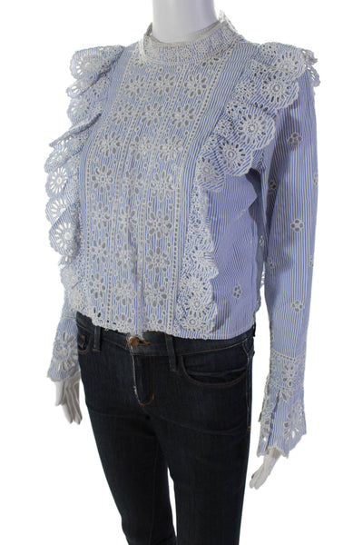 Sea New York Womens Cotton Striped Embroidered Ruffle Blouse Blue Size 0