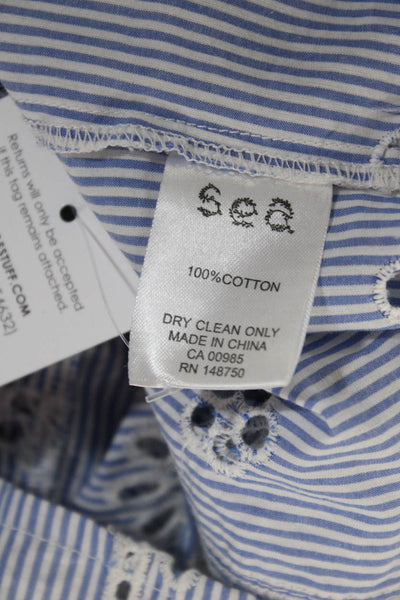 Sea New York Womens Cotton Striped Embroidered Ruffle Blouse Blue Size 0