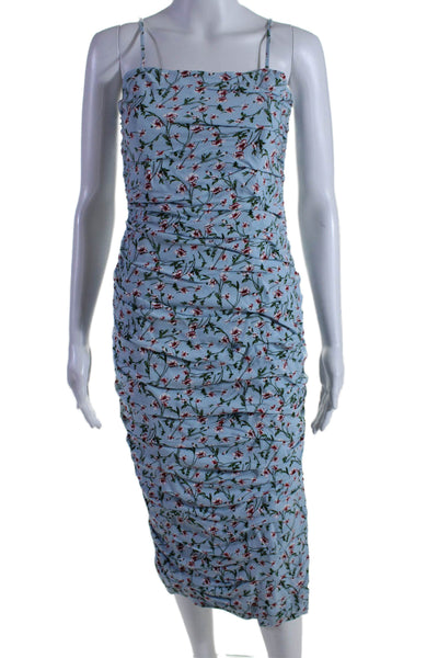 Bardot Womens Floral Print Ruched Zipped Sleeveless Bodycon Dress Blue Size XS