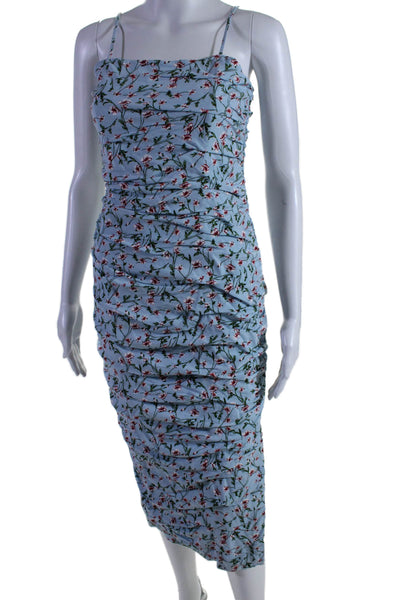 Bardot Womens Floral Print Ruched Zipped Sleeveless Bodycon Dress Blue Size XS