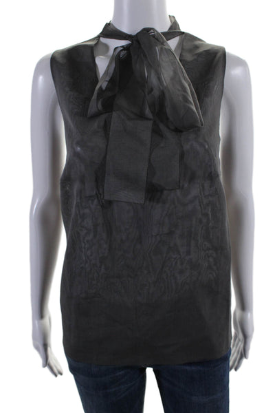 Akris Women's V-Neck Sleeveless Tie Neck Sheer Silk Blouse Gray Size 12