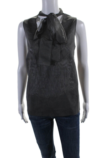 Akris Women's V-Neck Sleeveless Tie Neck Sheer Silk Blouse Gray Size 12