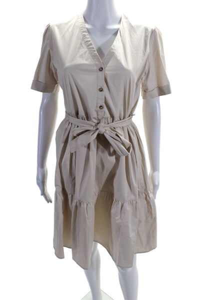 Gerard Darel Women's Short Sleeves Belted Half Button Mini Dress Beige Size 2