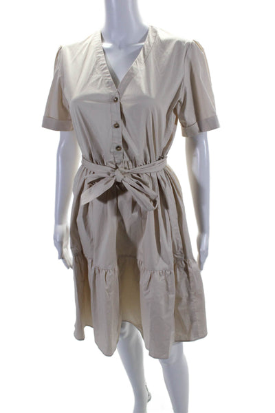 Gerard Darel Women's Short Sleeves Belted Half Button Mini Dress Beige Size 2