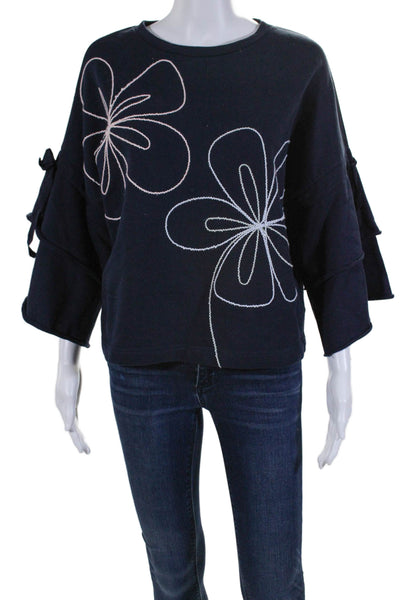 Parker Womens Cotton Embroidered Floral Long Sleeve Sweatshirt Navy Size S