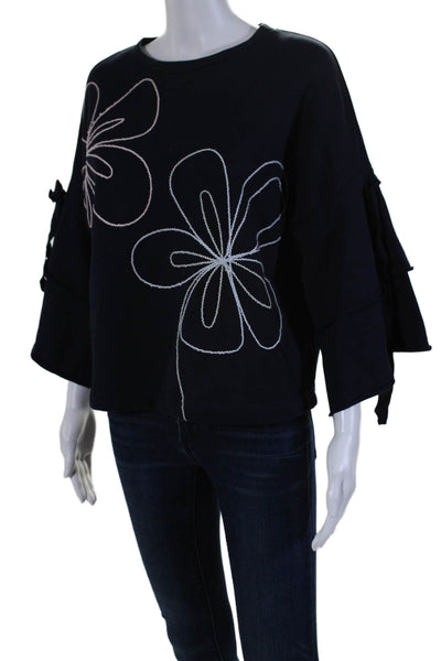 Parker Womens Cotton Embroidered Floral Long Sleeve Sweatshirt Navy Size S