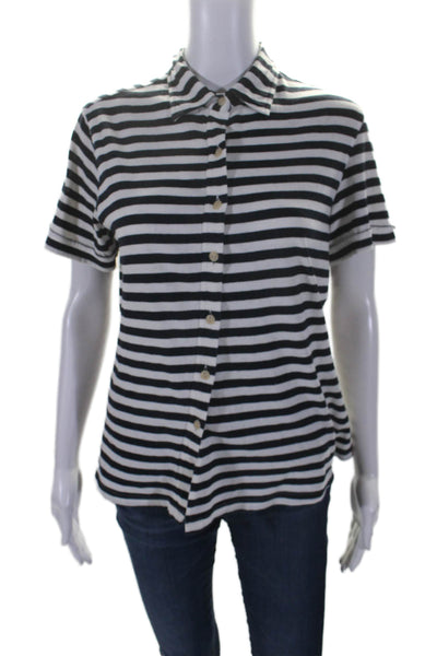 Two Flowers Womens Button Front Collared Striped Shirt Navy White Size Medium
