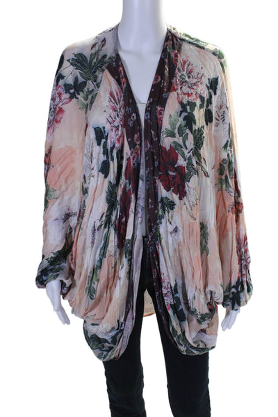 Florest Womens Floral Print Open Front Bishop Sleeve Cardigan Pink Size M