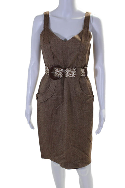 David Meister Womens Textured Woven Belted Sleeveless Midi Dress Brown Size 4