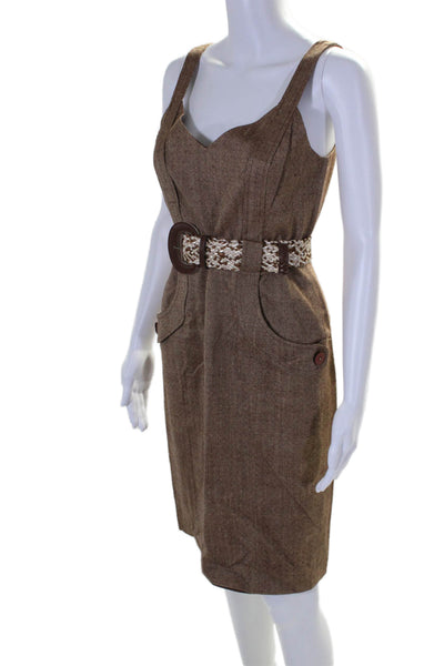 David Meister Womens Textured Woven Belted Sleeveless Midi Dress Brown Size 4