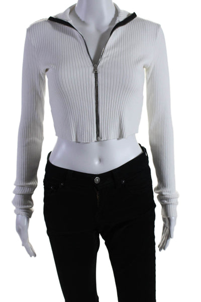 Cotton Citizen Women's High Neck Long Sleeves Ribbed Cropped Top White Size S