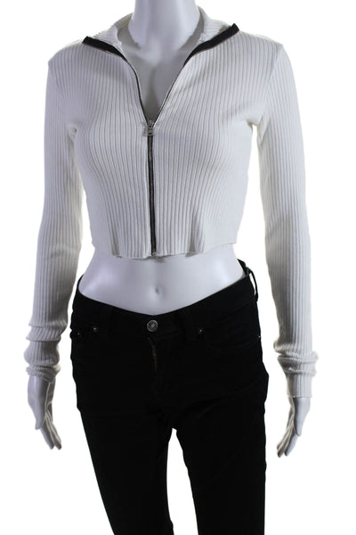 Cotton Citizen Women's High Neck Long Sleeves Ribbed Cropped Top White Size S