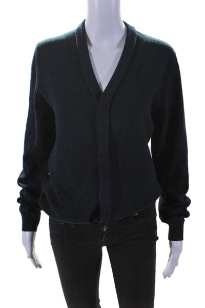 Z Zegna Womens Navy Green Textured Wool V-Neck Cardigan Sweater Top Size M