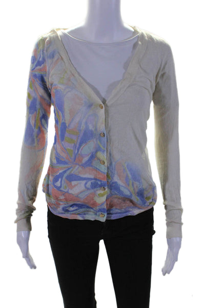 Leifsdottir Womens Linen V Neck Buttoned Abstract Print Cardigan Beige Size XS