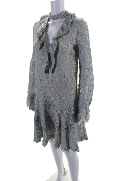 Alexis Womens Lace V Neck Ruffled Long Sleeves A Line Dress Blue Size Small