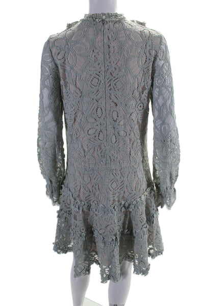 Alexis Womens Lace V Neck Ruffled Long Sleeves A Line Dress Blue Size Small