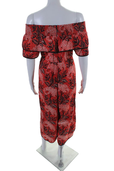 Kopal Womens Floral Print Short Sleeves Ruffled Jumpsuit Red Black Size Small