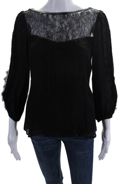 Nanette Lepore Womens Silk Lace Detail Long Sleeves Blouse Black Size 2