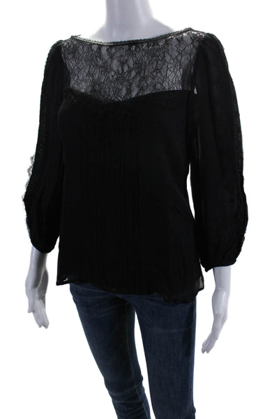 Nanette Lepore Womens Silk Lace Detail Long Sleeves Blouse Black Size 2