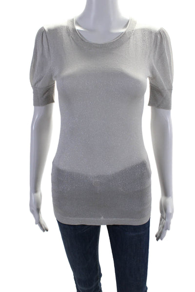 Iisli Womens Short Puffy Sleeves Pullover Crew Neck Sweater Silver Size Petite