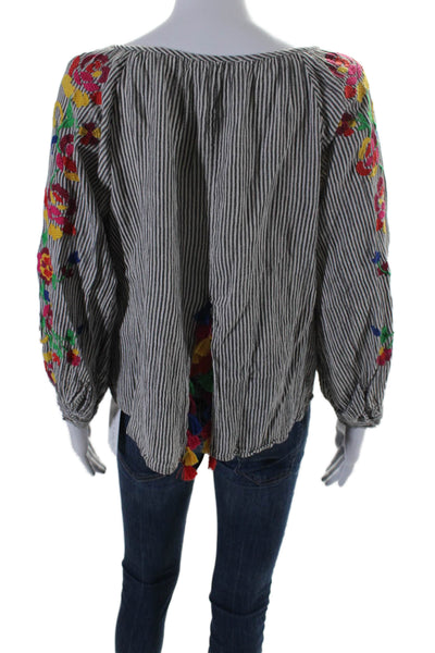 Floreat Womens Striped Embroidered Long Sleeves Blouse Black White Size 1