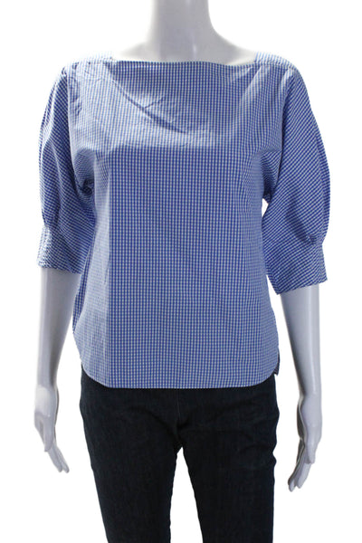 Tibi Womens Cotton Gingham Print Square Neck Short Sleeve Blouse Blue Size XXS