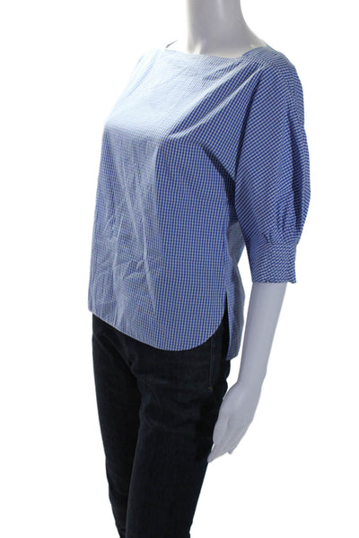 Tibi Womens Cotton Gingham Print Square Neck Short Sleeve Blouse Blue Size XXS