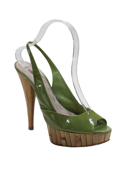 Miu Miu Womens Patent Leather Platform Cone Heels Slingbacks Green Size EUR 38