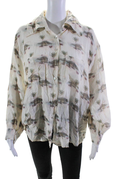 Kinga Csilla Womens Button Front Collared Beach Print Shirt White Size 6/2