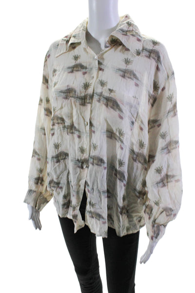 Kinga Csilla Womens Button Front Collared Beach Print Shirt White Size 6/2