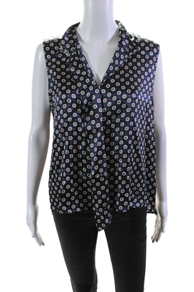 Frame Womens Sleeveless V Neck Abstract Silk Blouse Navy Blue White Size Large