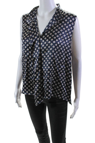 Frame Womens Sleeveless V Neck Abstract Silk Blouse Navy Blue White Size Large