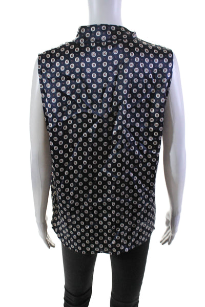 Frame Womens Sleeveless V Neck Abstract Silk Blouse Navy Blue White Size Large