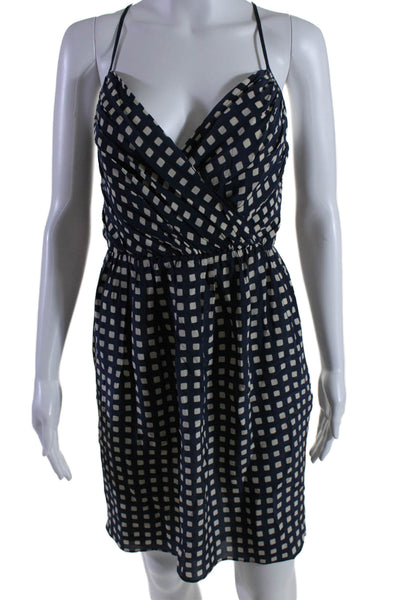 Shoshanna Womens Back Zip Spaghetti Strap Silk Check Dress Navy White Size 6