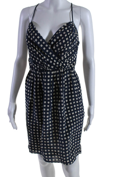 Shoshanna Womens Back Zip Spaghetti Strap Silk Check Dress Navy White Size 6