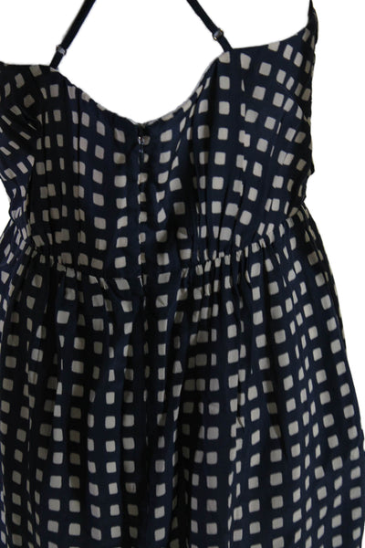 Shoshanna Womens Back Zip Spaghetti Strap Silk Check Dress Navy White Size 6