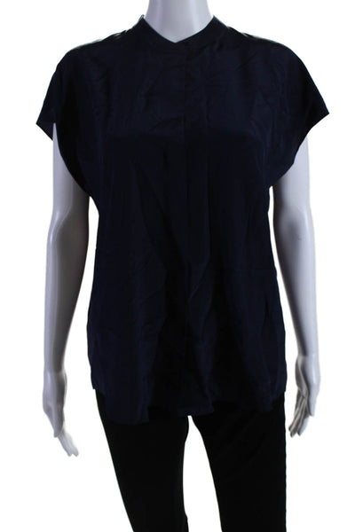 Vince Womens Silk V-Neck Short Sleeve Snapped Buttoned Blouse Navy Size S