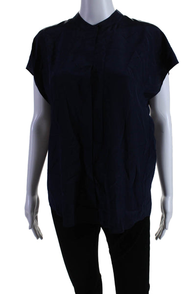 Vince Womens Silk V-Neck Short Sleeve Snapped Buttoned Blouse Navy Size S