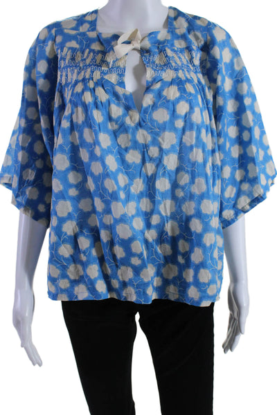 Warm Womens Cotton Embroidered Spot Print Short Sleeve Tied Blouse Blue Size 1