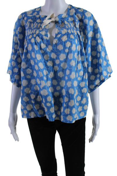 Warm Womens Cotton Embroidered Spot Print Short Sleeve Tied Blouse Blue Size 1