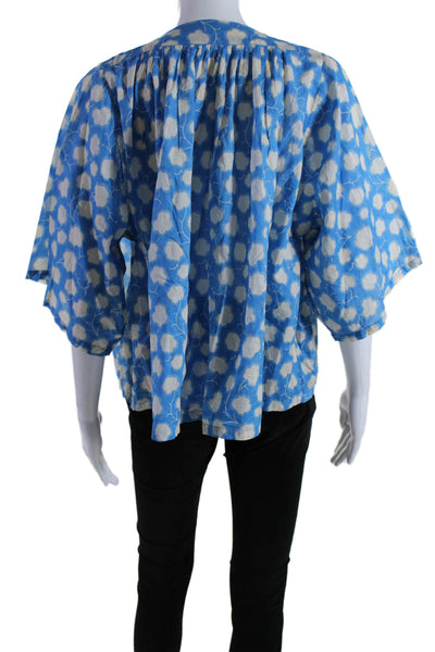 Warm Womens Cotton Embroidered Spot Print Short Sleeve Tied Blouse Blue Size 1