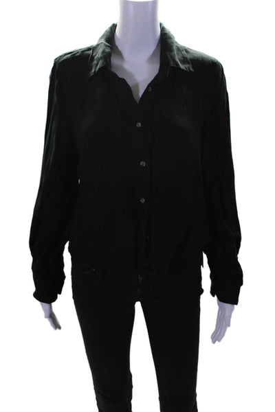 Anemos Womens Button Front Long Sleeve Collared Linen Shirt Black Size XS