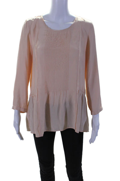 Madewell Womens Silk Long Sleeve Pleated Round Neck Blouse Pink Size S