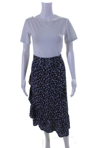 Madewell Womens Floral Print Ruffle Trim Midi Wrap Skirt Navy Size S