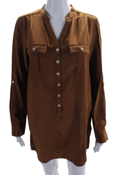 Haute Hippie Womens Silk Long Sleeves Button Down Shirt Dress Brown Size Small